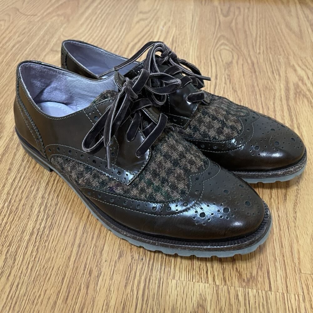 Johnston & Murphy Dark brown tweed knit patent leather oxford wingtip shoes 7